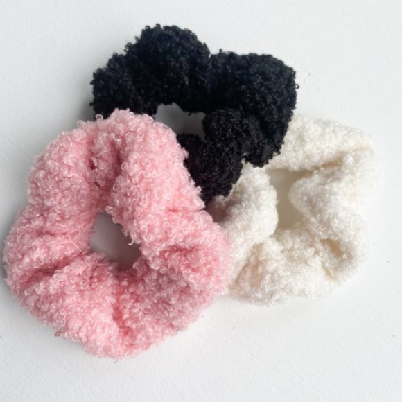 Scrunchies-  Hair Ties Set/3 Fabric/Faux Sherpa  Cream , Black and Pink - Picture 1 of 5